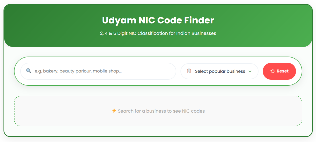 Udyam NIC Code Finder Tool - 2, 4 & 5 Digit NIC Classification